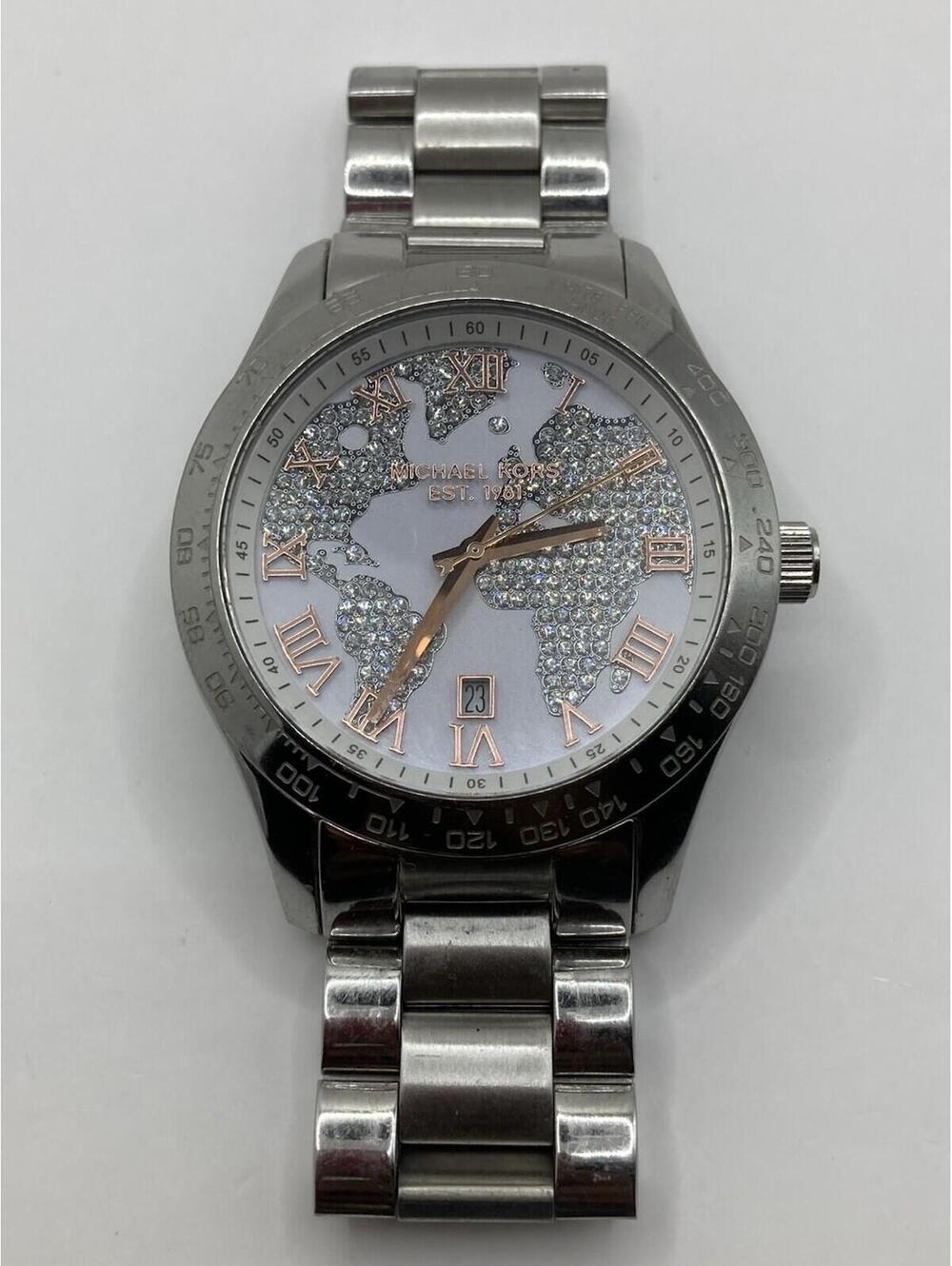 Women’s Michael Kors Layton World Map Watch 44mm MK5958 Silver Tone New Battery - Picture 4 of 9